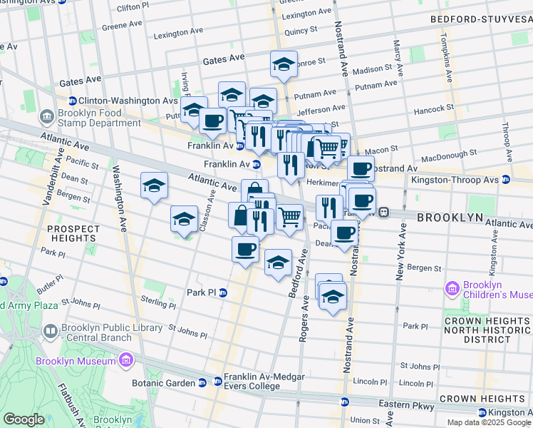 map of restaurants, bars, coffee shops, grocery stores, and more near Pacific St & Franklin Ave in Brooklyn