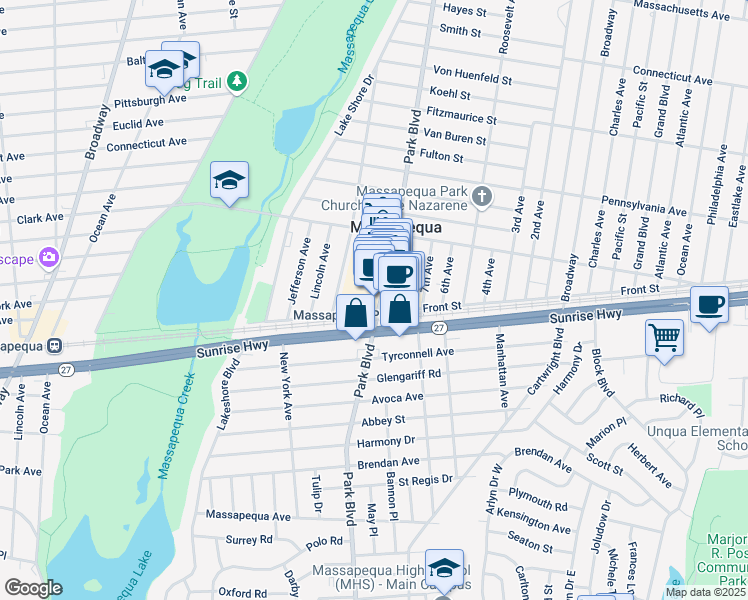 map of restaurants, bars, coffee shops, grocery stores, and more near 1000 Park Boulevard in Massapequa Park