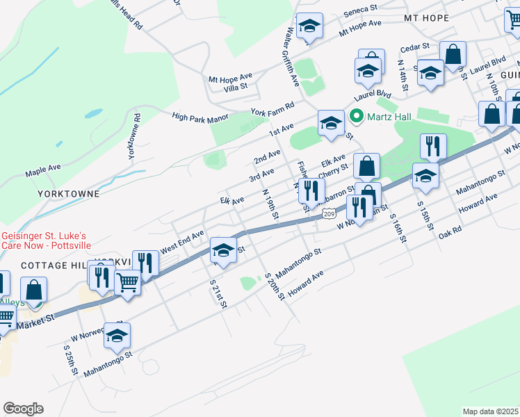 map of restaurants, bars, coffee shops, grocery stores, and more near 1916 West End Avenue in Pottsville