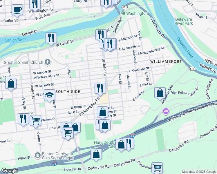 map of restaurants, bars, coffee shops, grocery stores, and more near 162 West Lincoln Street in Easton