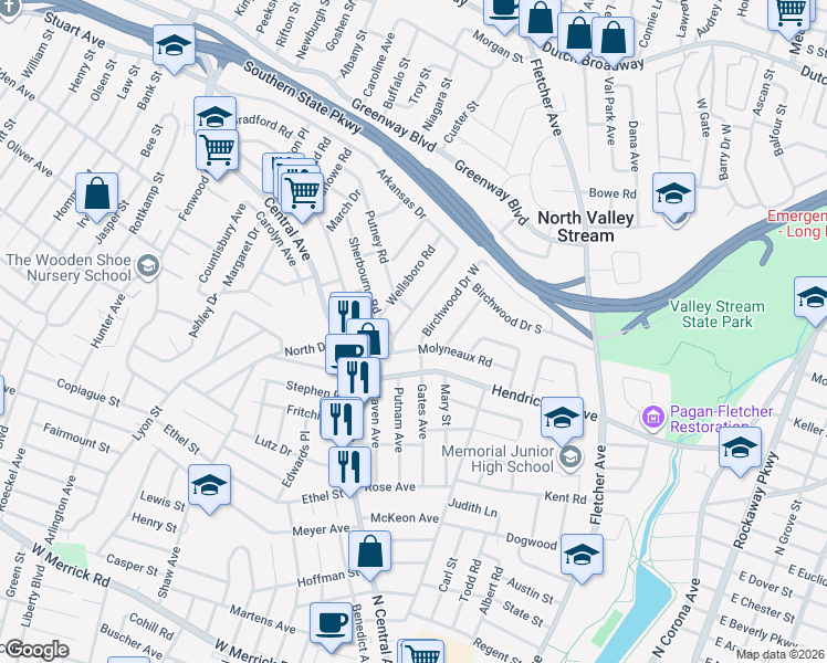 map of restaurants, bars, coffee shops, grocery stores, and more near 75 Birchwood Drive South in Valley Stream