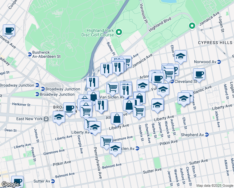map of restaurants, bars, coffee shops, grocery stores, and more near 118 Miller Avenue in Brooklyn