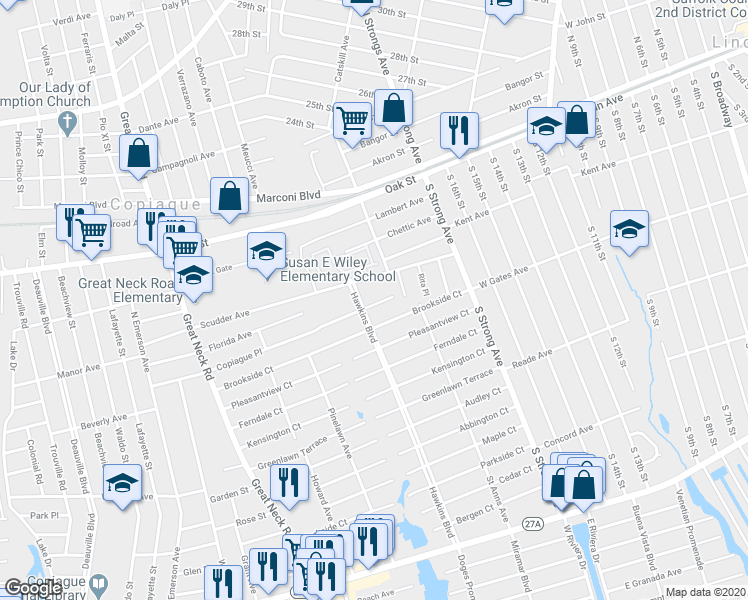 map of restaurants, bars, coffee shops, grocery stores, and more near 301 Copiague Place in Copiague
