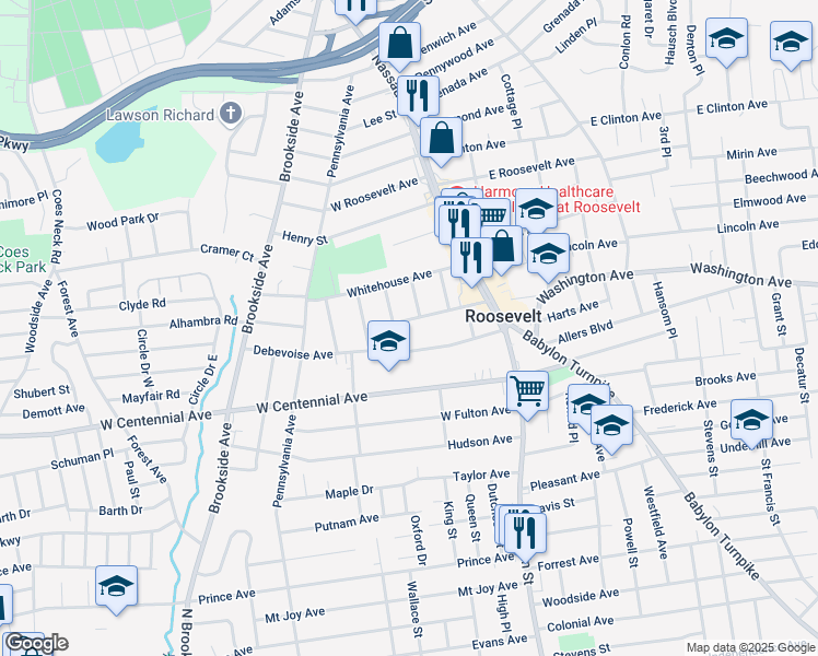 map of restaurants, bars, coffee shops, grocery stores, and more near 97 Woods Avenue in Roosevelt