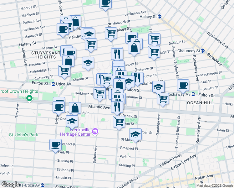 map of restaurants, bars, coffee shops, grocery stores, and more near 943 Herkimer Street in Brooklyn
