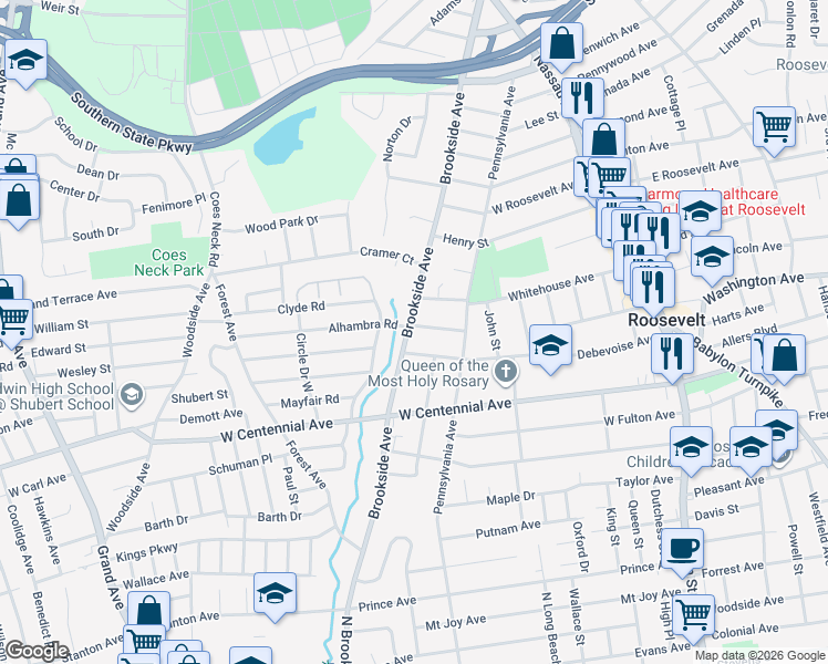map of restaurants, bars, coffee shops, grocery stores, and more near 338 Brookside Avenue in Roosevelt