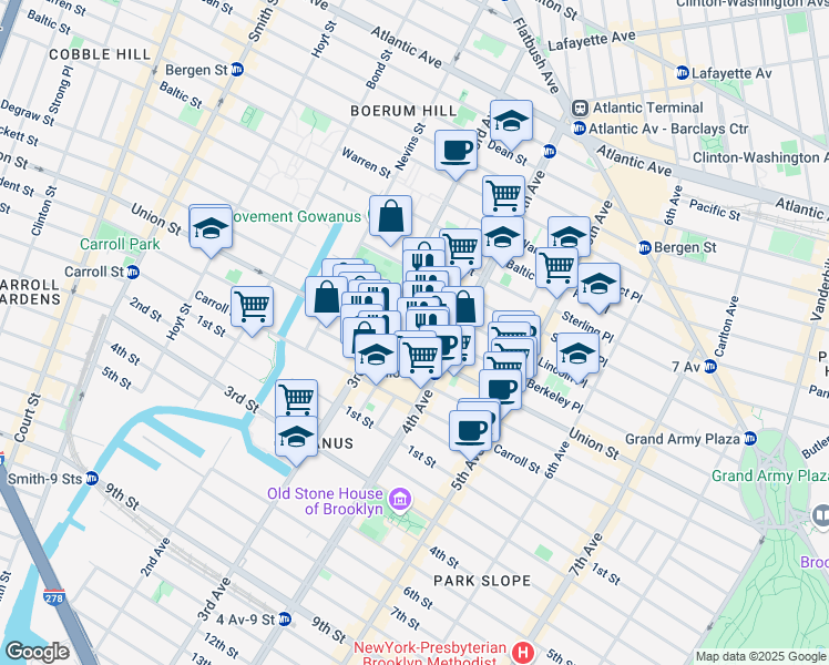 map of restaurants, bars, coffee shops, grocery stores, and more near 625 Union Street in Brooklyn
