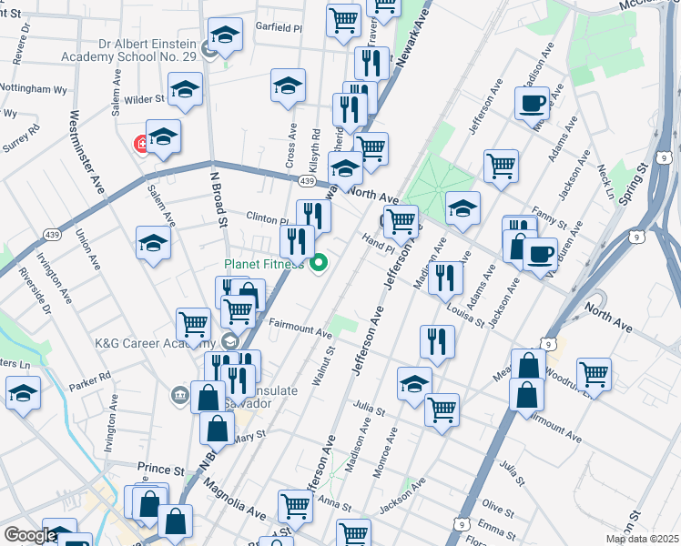 map of restaurants, bars, coffee shops, grocery stores, and more near 659 Pennsylvania Avenue in Elizabeth