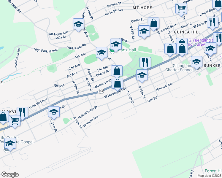 map of restaurants, bars, coffee shops, grocery stores, and more near 1701 West Market Street in Pottsville
