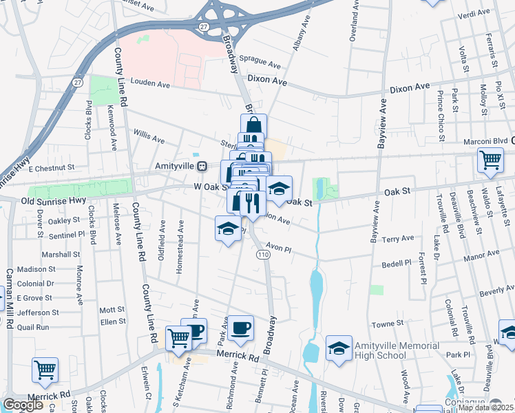 map of restaurants, bars, coffee shops, grocery stores, and more near 207 Broadway in Amityville