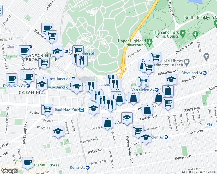 map of restaurants, bars, coffee shops, grocery stores, and more near 51 Fanchon Place in Brooklyn