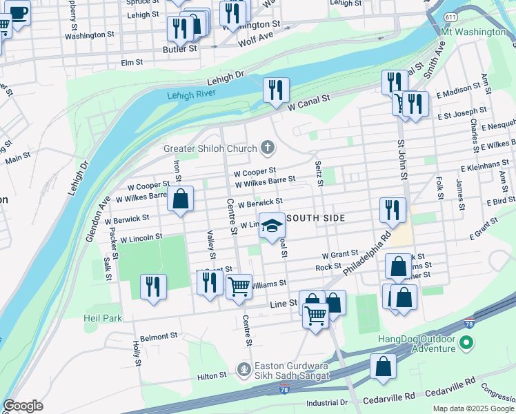 map of restaurants, bars, coffee shops, grocery stores, and more near 502 Reynolds Street in Easton