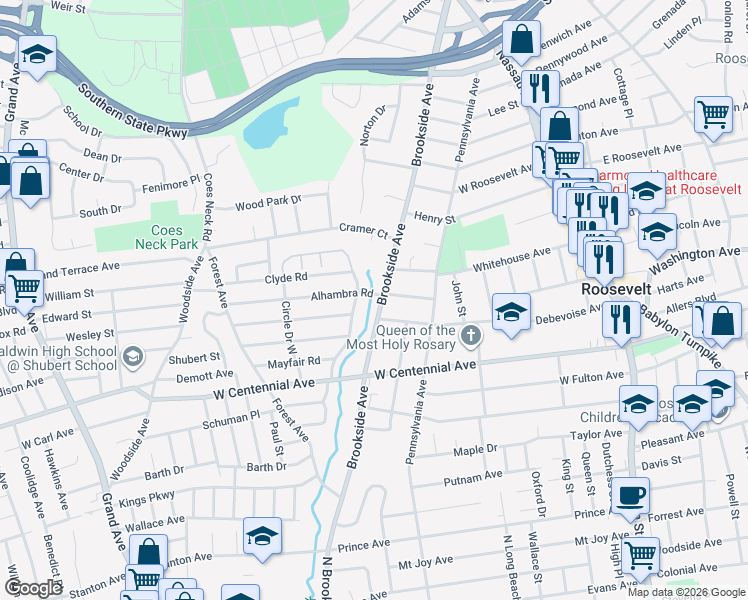 map of restaurants, bars, coffee shops, grocery stores, and more near 338 Brookside Avenue in Roosevelt