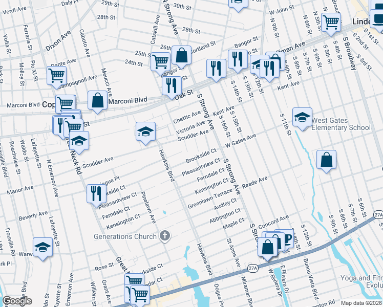 map of restaurants, bars, coffee shops, grocery stores, and more near 55A Leroy Place in Copiague