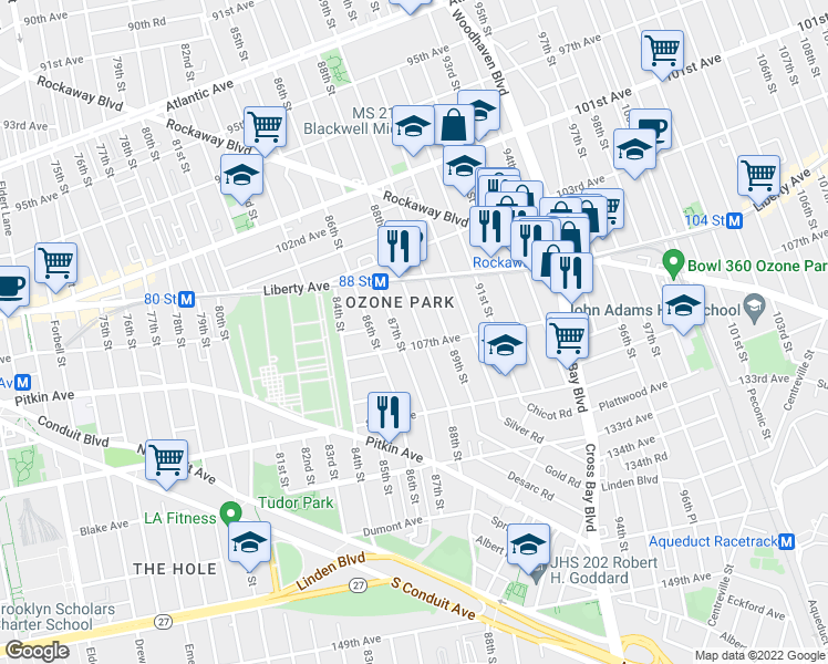 map of restaurants, bars, coffee shops, grocery stores, and more near 105-52 88th Street in Queens