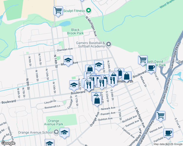 map of restaurants, bars, coffee shops, grocery stores, and more near 514 Washington Avenue in Kenilworth