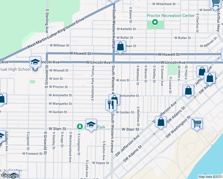 map of restaurants, bars, coffee shops, grocery stores, and more near 1902 West Proctor Street in Peoria