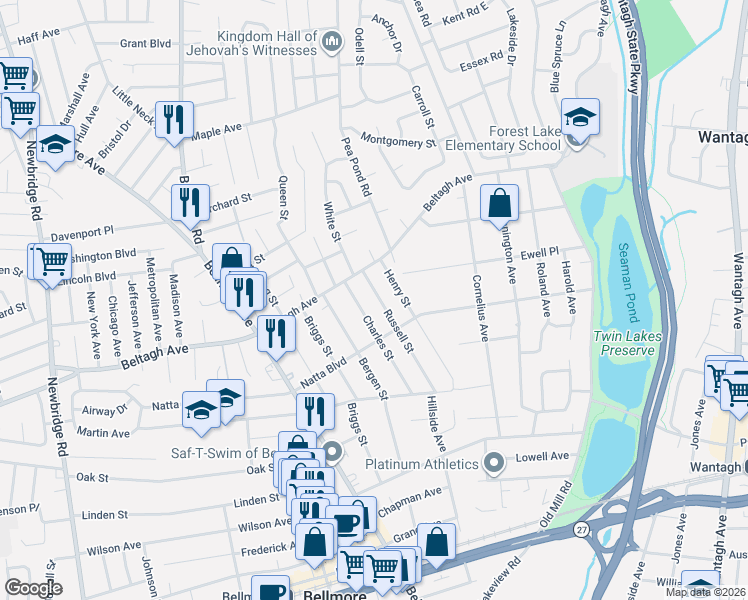 map of restaurants, bars, coffee shops, grocery stores, and more near 1930 Russell Street in Bellmore