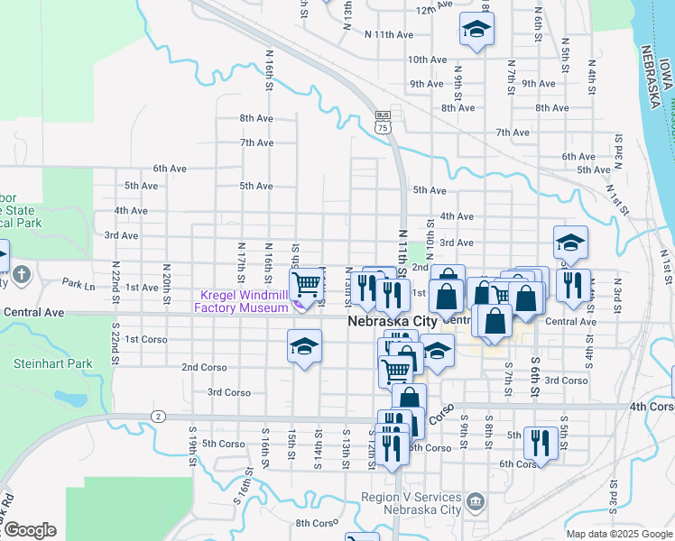 map of restaurants, bars, coffee shops, grocery stores, and more near 1309 2nd Avenue in Nebraska City