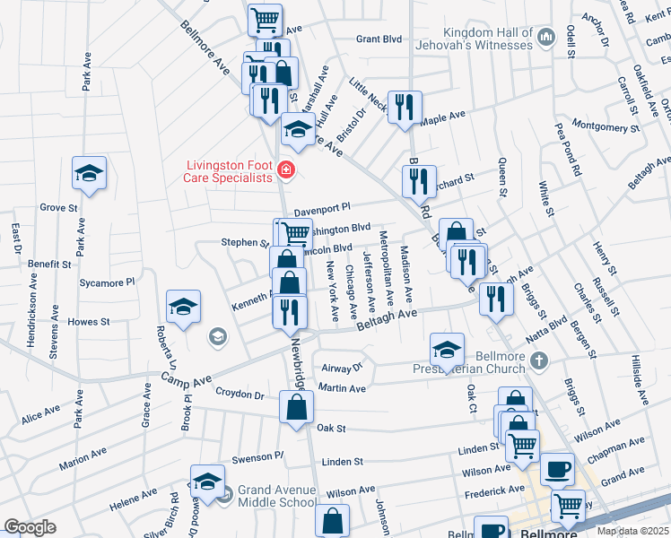 map of restaurants, bars, coffee shops, grocery stores, and more near 1817 New York Avenue in North Bellmore