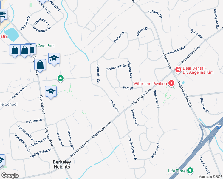 map of restaurants, bars, coffee shops, grocery stores, and more near 89 Timber Drive in Berkeley Heights