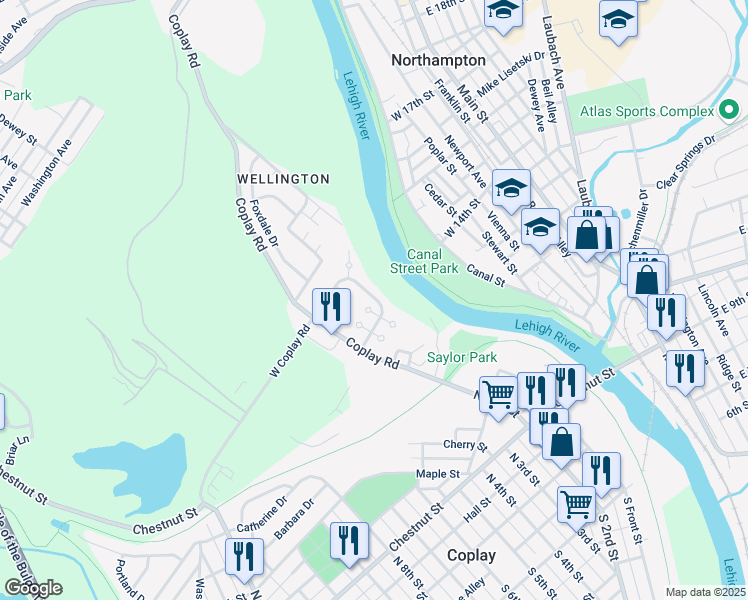 map of restaurants, bars, coffee shops, grocery stores, and more near 5125 Stone Terrace Drive in Lehigh County