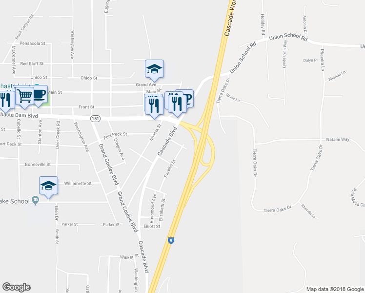 map of restaurants, bars, coffee shops, grocery stores, and more near Parallel Street & 2nd Street in Shasta Lake