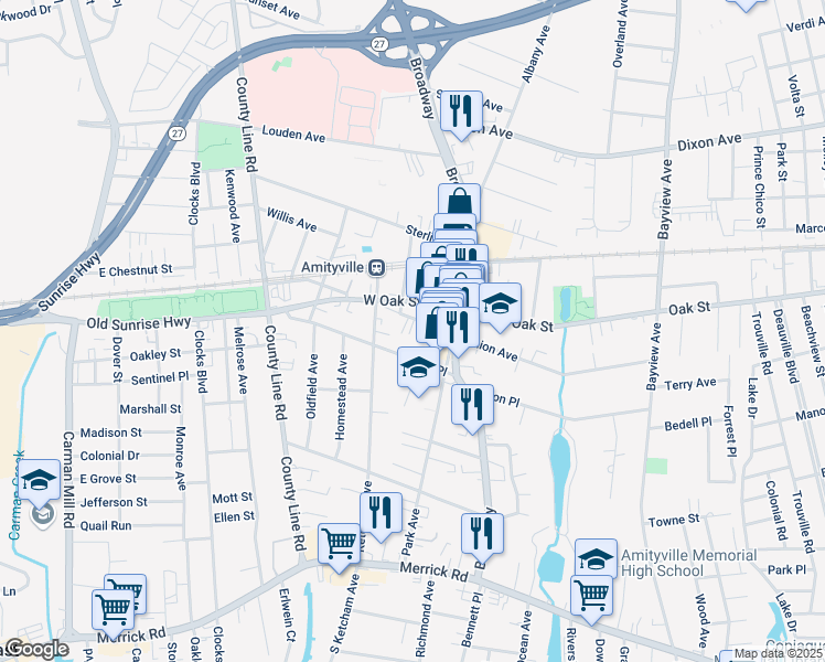 map of restaurants, bars, coffee shops, grocery stores, and more near 32 Greene Avenue in Amityville
