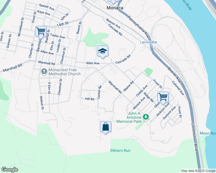 map of restaurants, bars, coffee shops, grocery stores, and more near 2012 Marshall Rd in Monaca