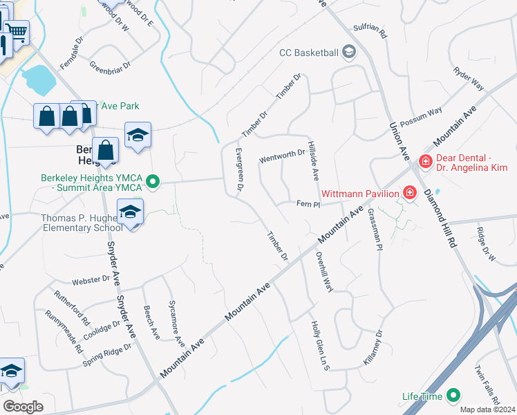 map of restaurants, bars, coffee shops, grocery stores, and more near 89 Timber Drive in Berkeley Heights
