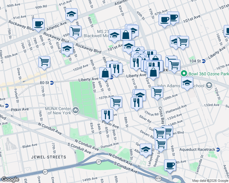 map of restaurants, bars, coffee shops, grocery stores, and more near 105-42 89th Street in Queens