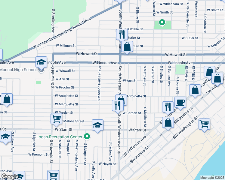 map of restaurants, bars, coffee shops, grocery stores, and more near 1902 West Proctor Street in Peoria