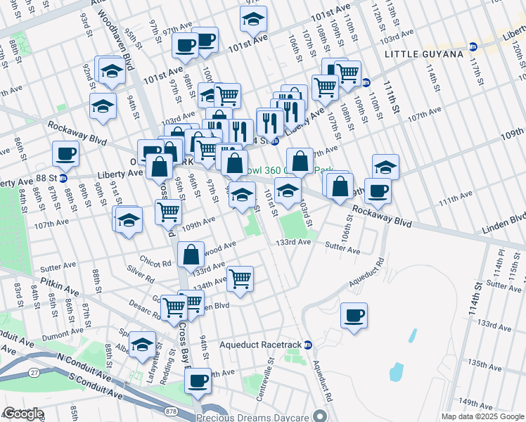 map of restaurants, bars, coffee shops, grocery stores, and more near 10002 100th Street in Queens