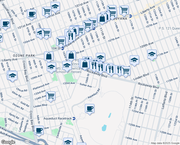 map of restaurants, bars, coffee shops, grocery stores, and more near 106-4 Rockaway Boulevard in Queens