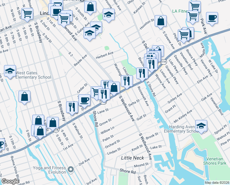 map of restaurants, bars, coffee shops, grocery stores, and more near 12 West Montauk Highway in Lindenhurst