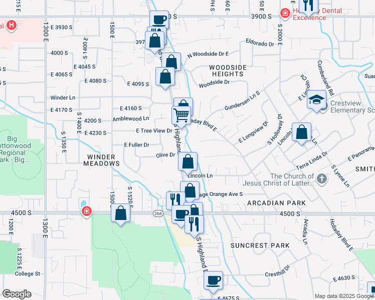 map of restaurants, bars, coffee shops, grocery stores, and more near 1786 Grover Lane South in Holladay