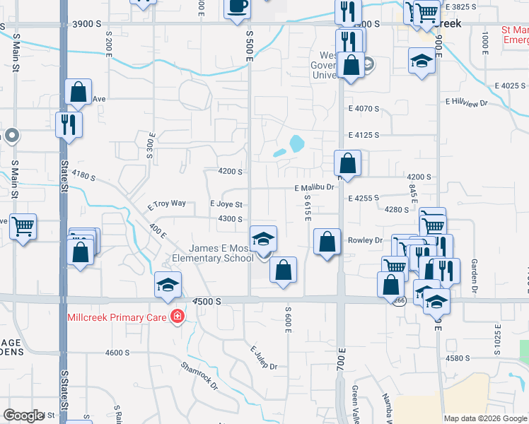 map of restaurants, bars, coffee shops, grocery stores, and more near 4284 South Normandie Lane in Millcreek