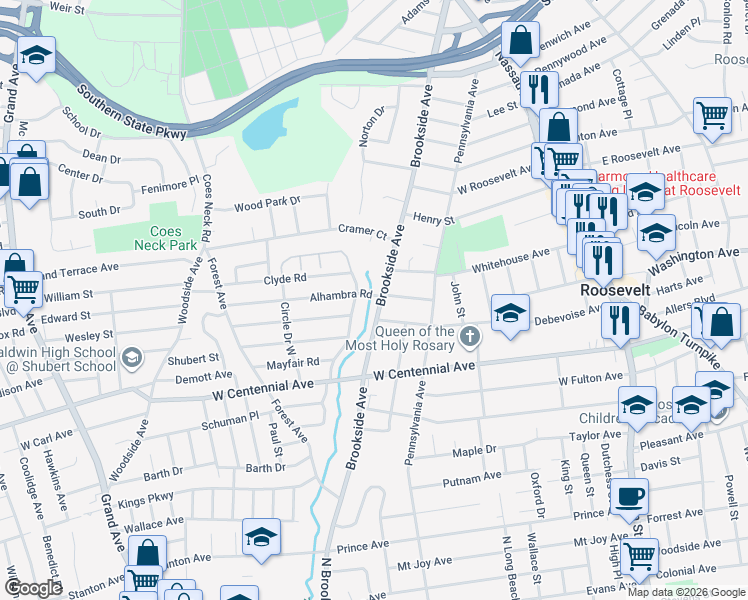 map of restaurants, bars, coffee shops, grocery stores, and more near 338 Brookside Avenue in Roosevelt