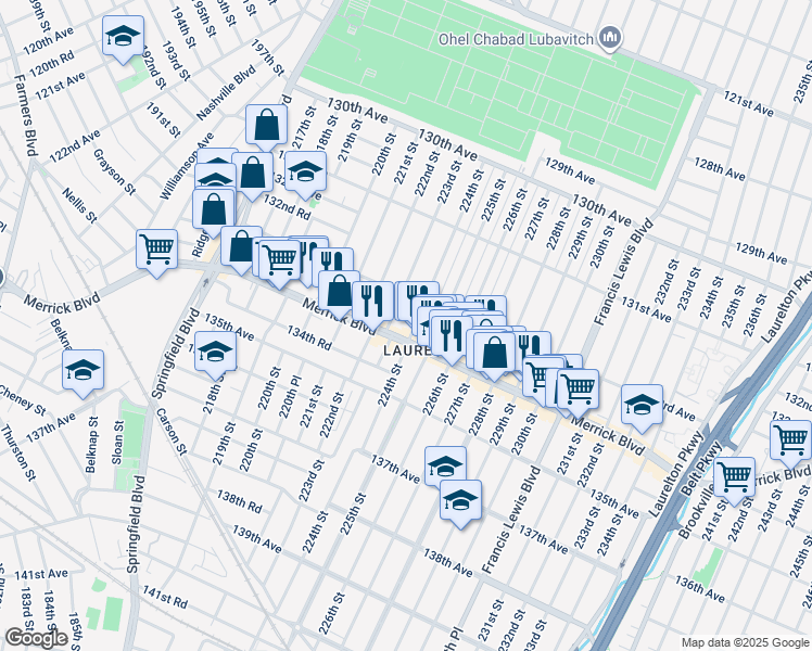 map of restaurants, bars, coffee shops, grocery stores, and more near 223-01 Merrick Boulevard in Queens