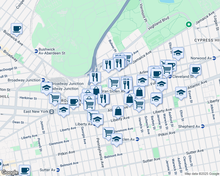 map of restaurants, bars, coffee shops, grocery stores, and more near 35 Wyona Street in Brooklyn