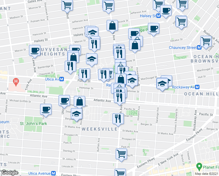 map of restaurants, bars, coffee shops, grocery stores, and more near 919 Herkimer Street in Brooklyn