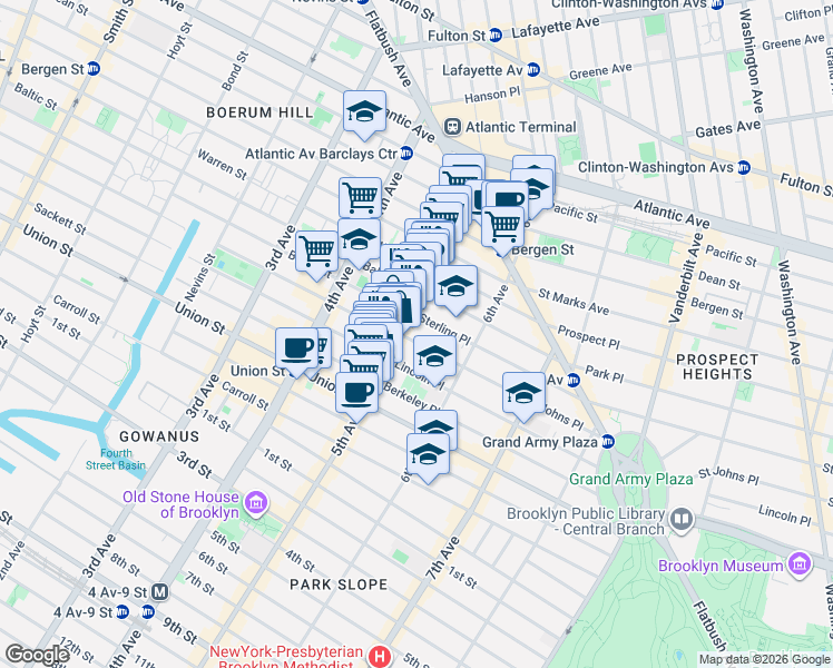 map of restaurants, bars, coffee shops, grocery stores, and more near 19 Saint Johns Place in Brooklyn