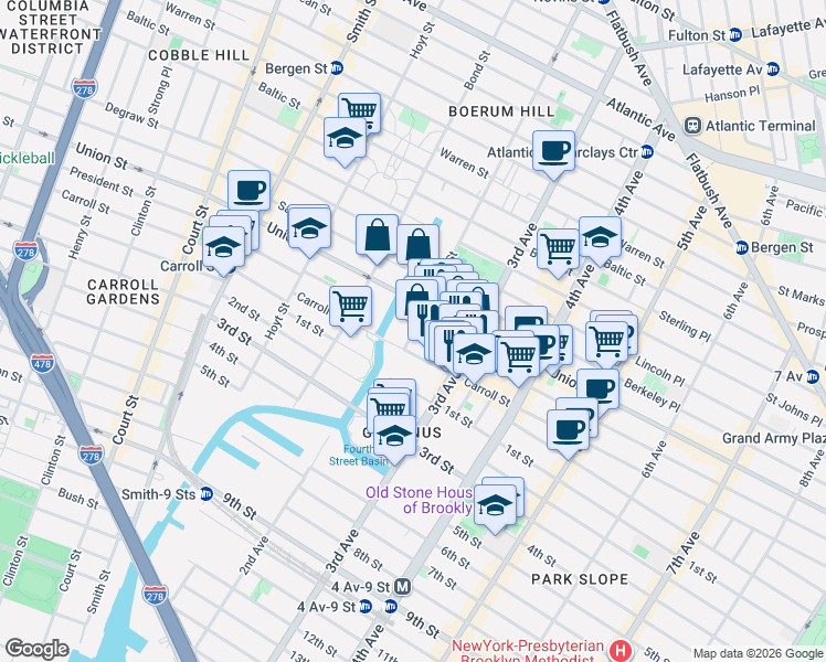 map of restaurants, bars, coffee shops, grocery stores, and more near 469 President Street in Brooklyn