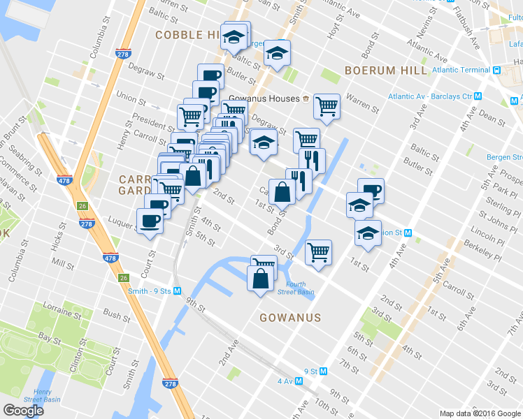 map of restaurants, bars, coffee shops, grocery stores, and more near 30 1st Street in Brooklyn