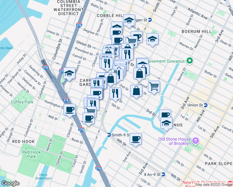 map of restaurants, bars, coffee shops, grocery stores, and more near 21 3rd Street in Brooklyn