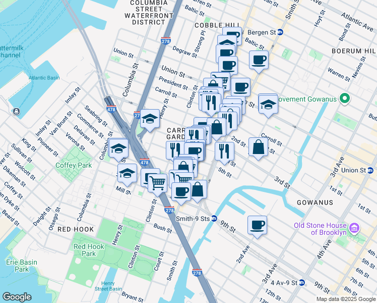 map of restaurants, bars, coffee shops, grocery stores, and more near 429 Court Street in Brooklyn