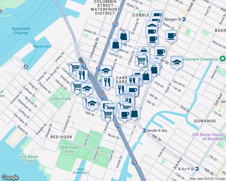 map of restaurants, bars, coffee shops, grocery stores, and more near 28 4th Place in Brooklyn