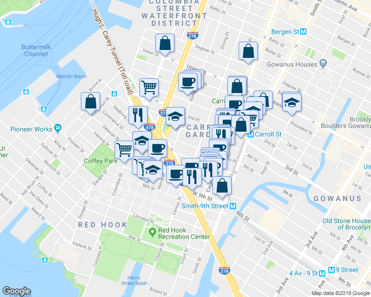 map of restaurants, bars, coffee shops, grocery stores, and more near 28 4th Place in Brooklyn