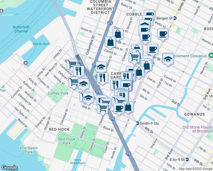 map of restaurants, bars, coffee shops, grocery stores, and more near 28 4th Place in Brooklyn