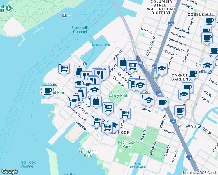 map of restaurants, bars, coffee shops, grocery stores, and more near 102 Pioneer Street in Brooklyn